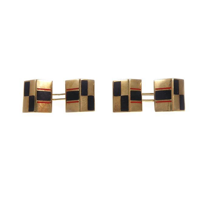 Pair of 14ct gold and enamel cube design cufflinks, rectangular &#39;roof&#39; shaped panels | MasterArt